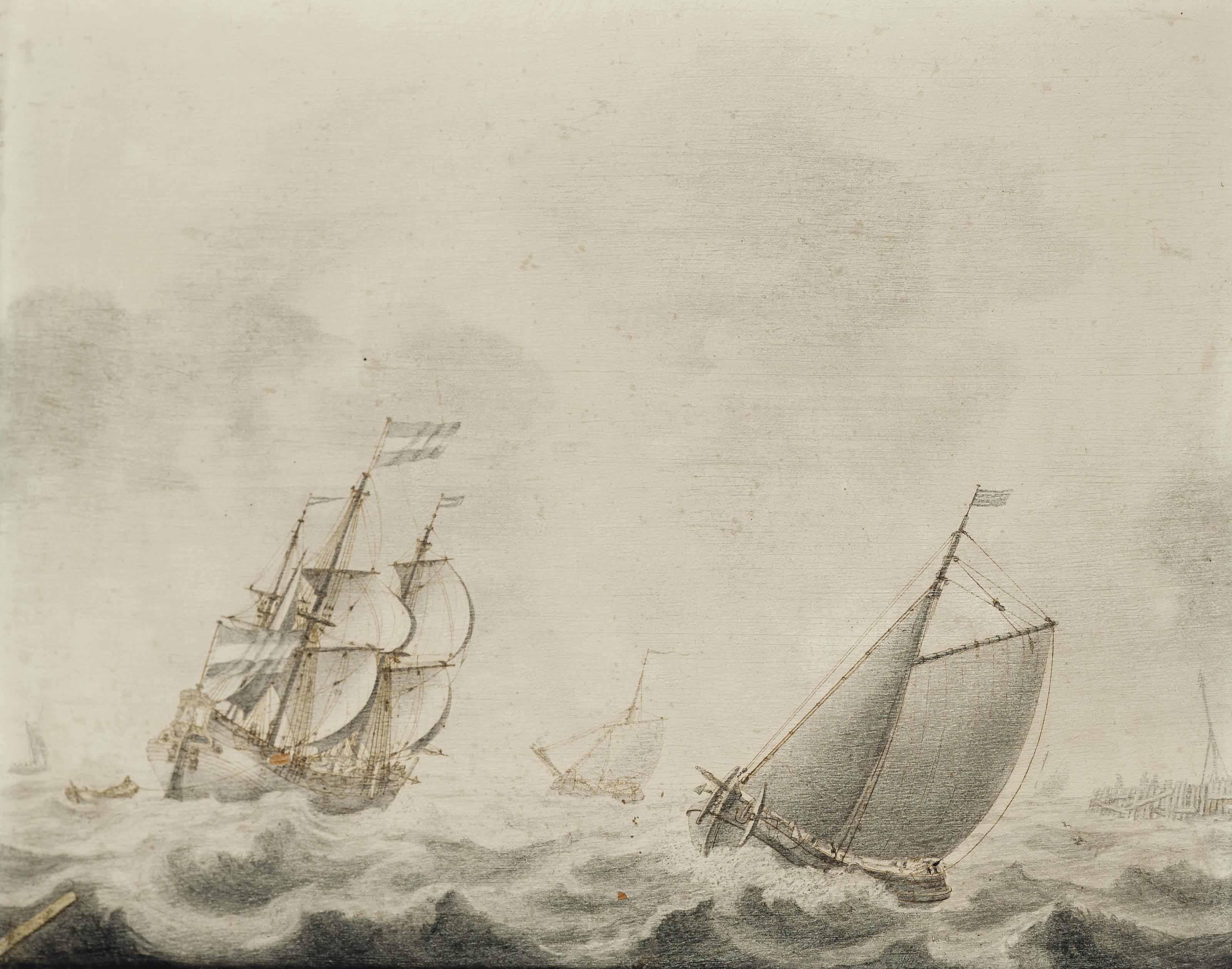 Cornelis Pietersz. De Mooy - A Schiff And A Three-Master Sailing Close To Shore In Choppy Waters