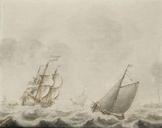 Cornelis Pietersz. De Mooy - A Schiff And A Three-Master Sailing Close To Shore In Choppy Waters