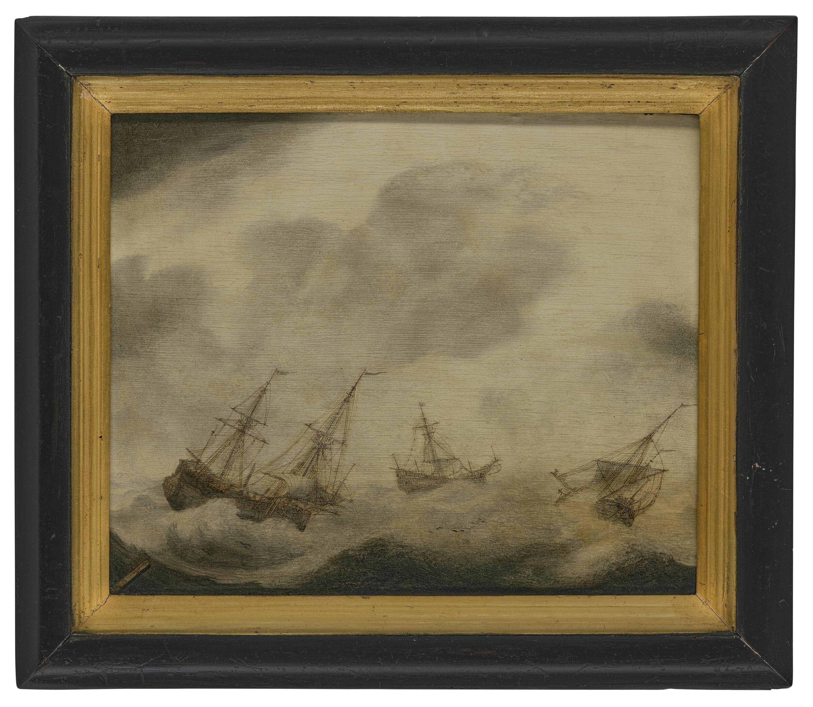 Cornelis Pietersz. De Mooy - Shipping in choppy waters - en grisaille