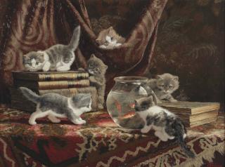 Cornelis Raaphorst - Kittens with books and a fish bowl