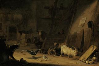 Cornelis Saftleven - A barn interior with cattle, pigeons and a dog barking at a peasant
