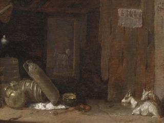 Cornelis Saftleven - A barn interior with goats and a lady milking a goat beyond
