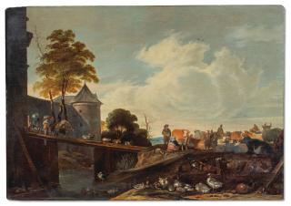 Cornelis Saftleven - A cattle market on the outskirts of a walled town, with figures and animals crossing a bridge