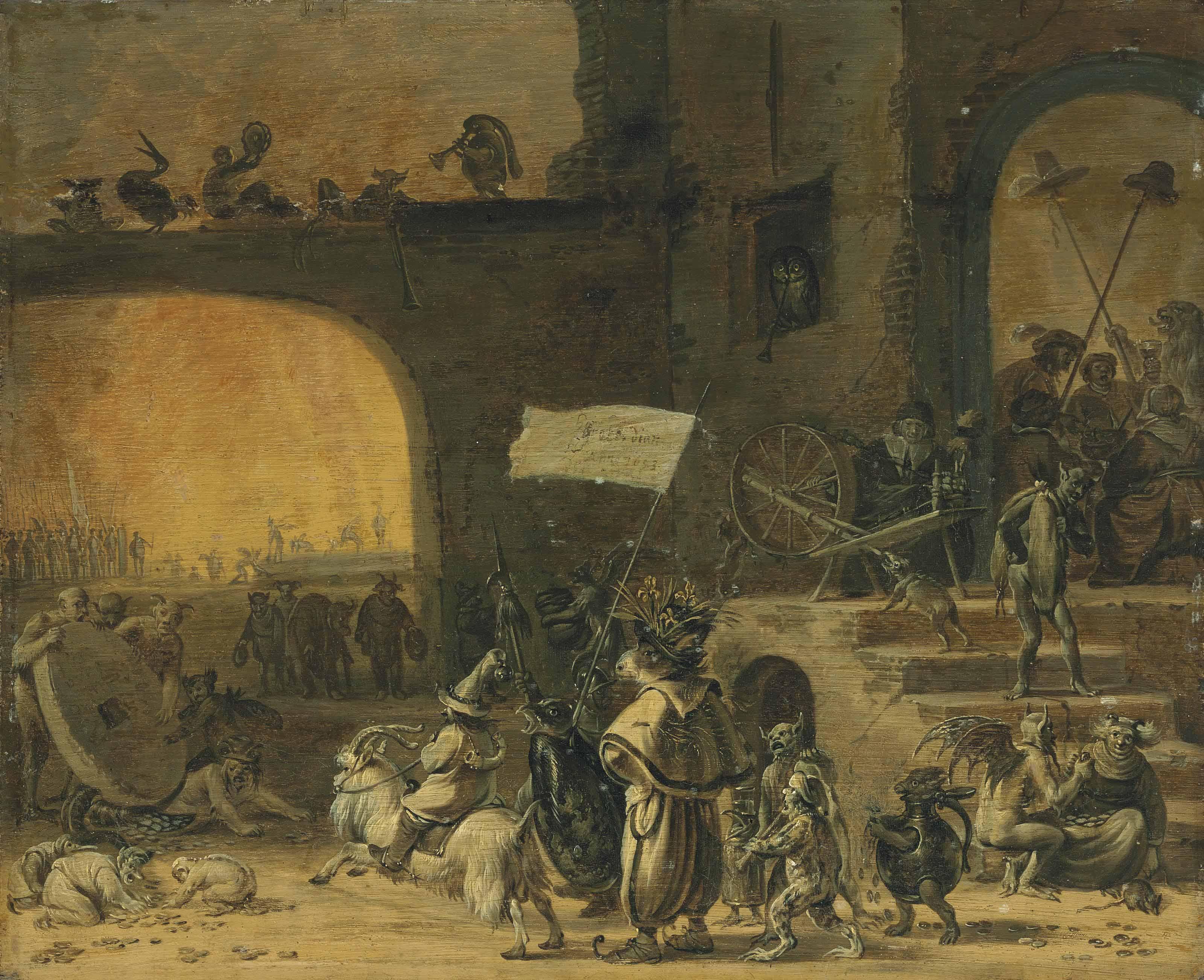 Cornelis Saftleven - A hoard of creatures with the Seven Deadly Sins, before a tavern