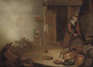 Cornelis Saftleven - A kitchen interior with a maid cleaning