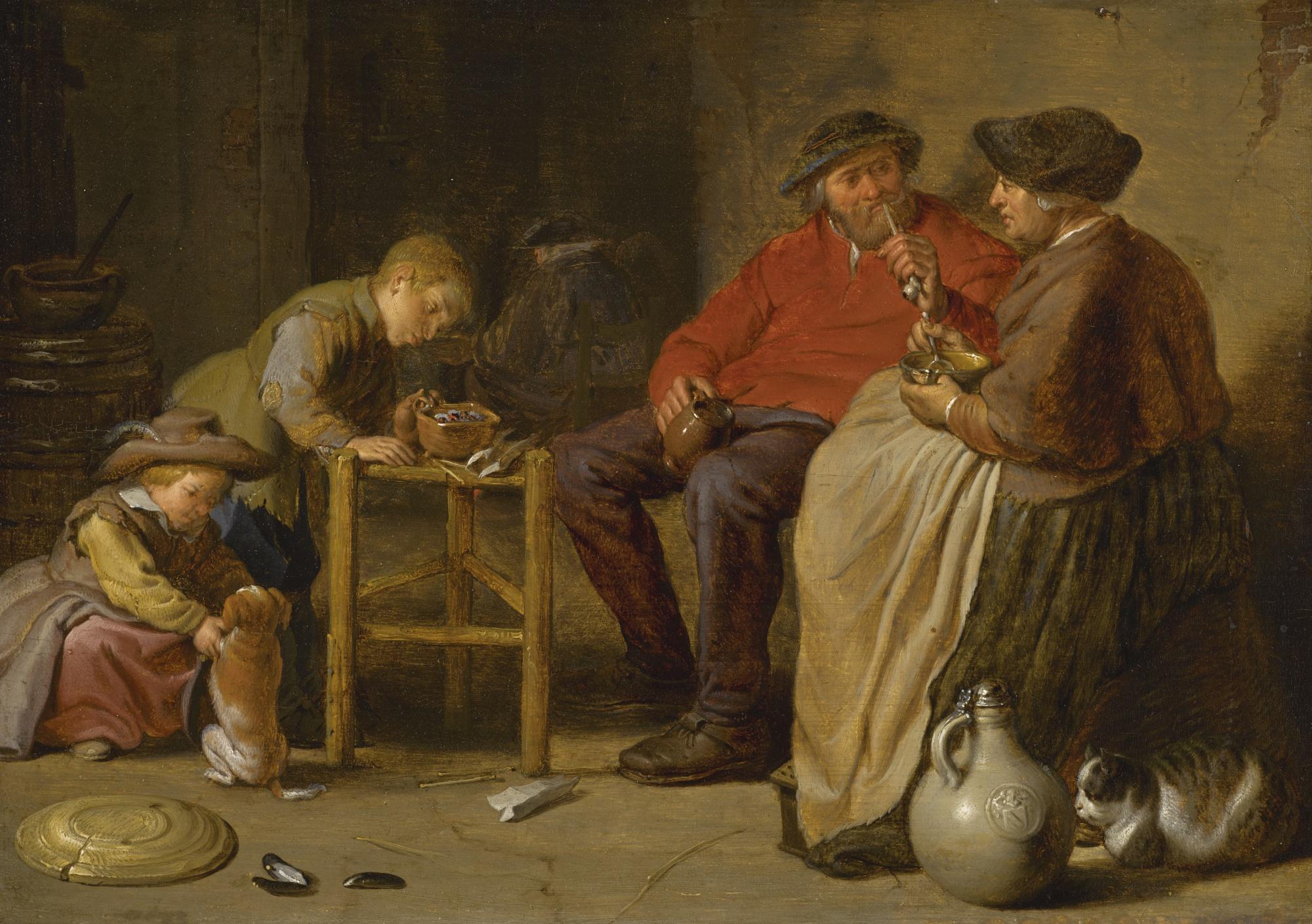 Cornelis Saftleven - A Peasant Couple Smoking And Eating, Their Children With A Bowl Of Coals And Playing With A Dog