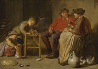Cornelis Saftleven - A Peasant Couple Smoking And Eating, Their Children With A Bowl Of Coals And Playing With A Dog