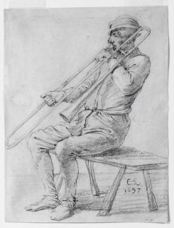 Cornelis Saftleven - A seated man playing a sackbut