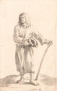 Cornelis Saftleven - A standing peasant holding a hat and a stick