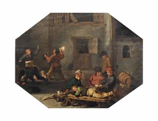 Cornelis Saftleven - A Tavern Interior With A Game Of Cards And Brawlers