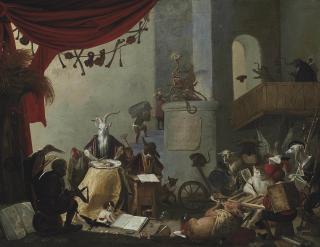 Cornelis Saftleven - An interior with a goat eating an oyster, a donkey at a school desk, a cat playing tric-trac and other mythical creatures