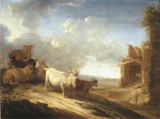 Cornelis Saftleven - An open landscape with a herdsman, goats and a cow on a track, a ruin beyond