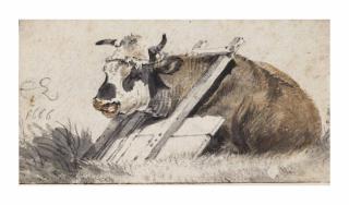 Cornelis Saftleven - An ox resting, with its head through a wooden frame