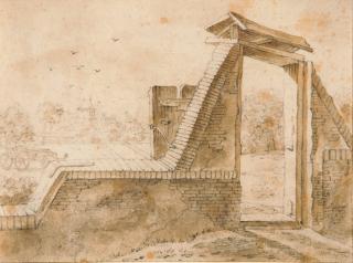 Cornelis Saftleven - Blick auf ein Gartentor mit dahinterliegenden Feldern und