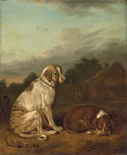 Cornelis Saftleven - Deux chiens assis dans un paysage