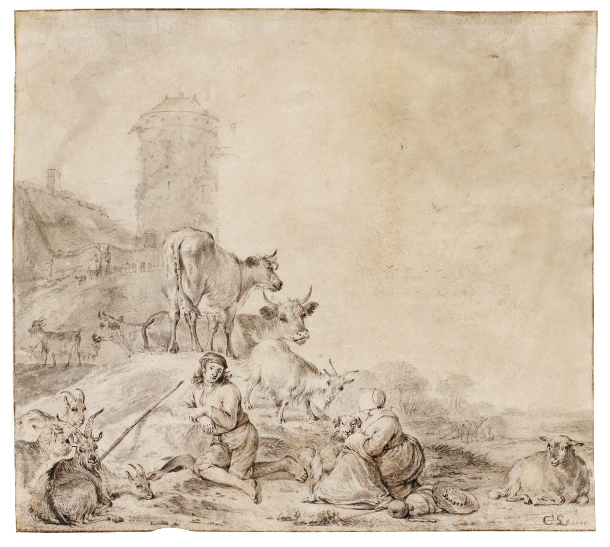 Cornelis Saftleven - Herders And Their Animals In A Landscape Beside A Castle