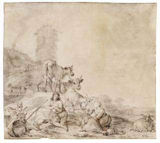 Cornelis Saftleven - Herders And Their Animals In A Landscape Beside A Castle
