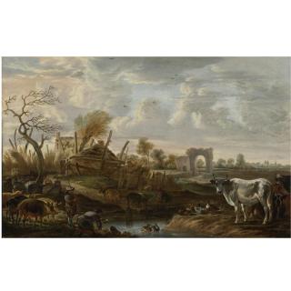 Cornelis Saftleven - Lanscape With Farmhands And Livestock At A Stream, Farm Buildings Beyond