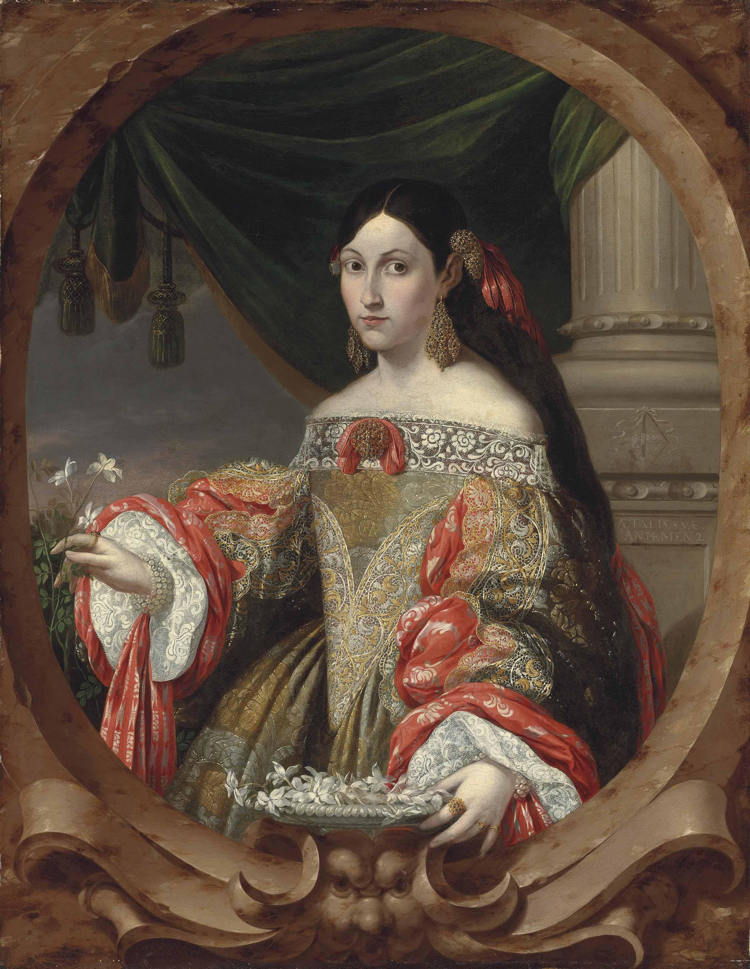 Cornelis Schut III - Portrait of a lady, half-length, in a richly embroidered lace dress with red sleeves, gold earrings, holding a pearled salver with jasmine flowers, in a sculpted cartouche