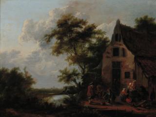 Cornelis Snellinck - A river landscape with figures before a cottage with a man buying fish