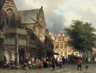 Cornelis Springer - A busy market day in front of the Oude Kerk, Amsterdam