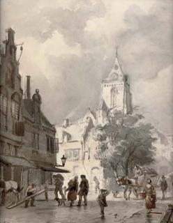 Cornelis Springer - A capriccio view of Woerden with the Petruskerk beyond