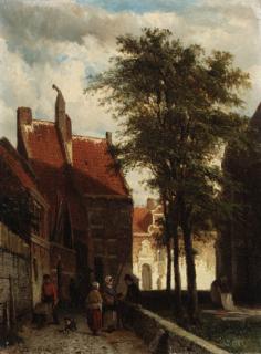 Cornelis Springer - A Dutch town in summer; and Het Oude Gasthuis, Hasselt in winter