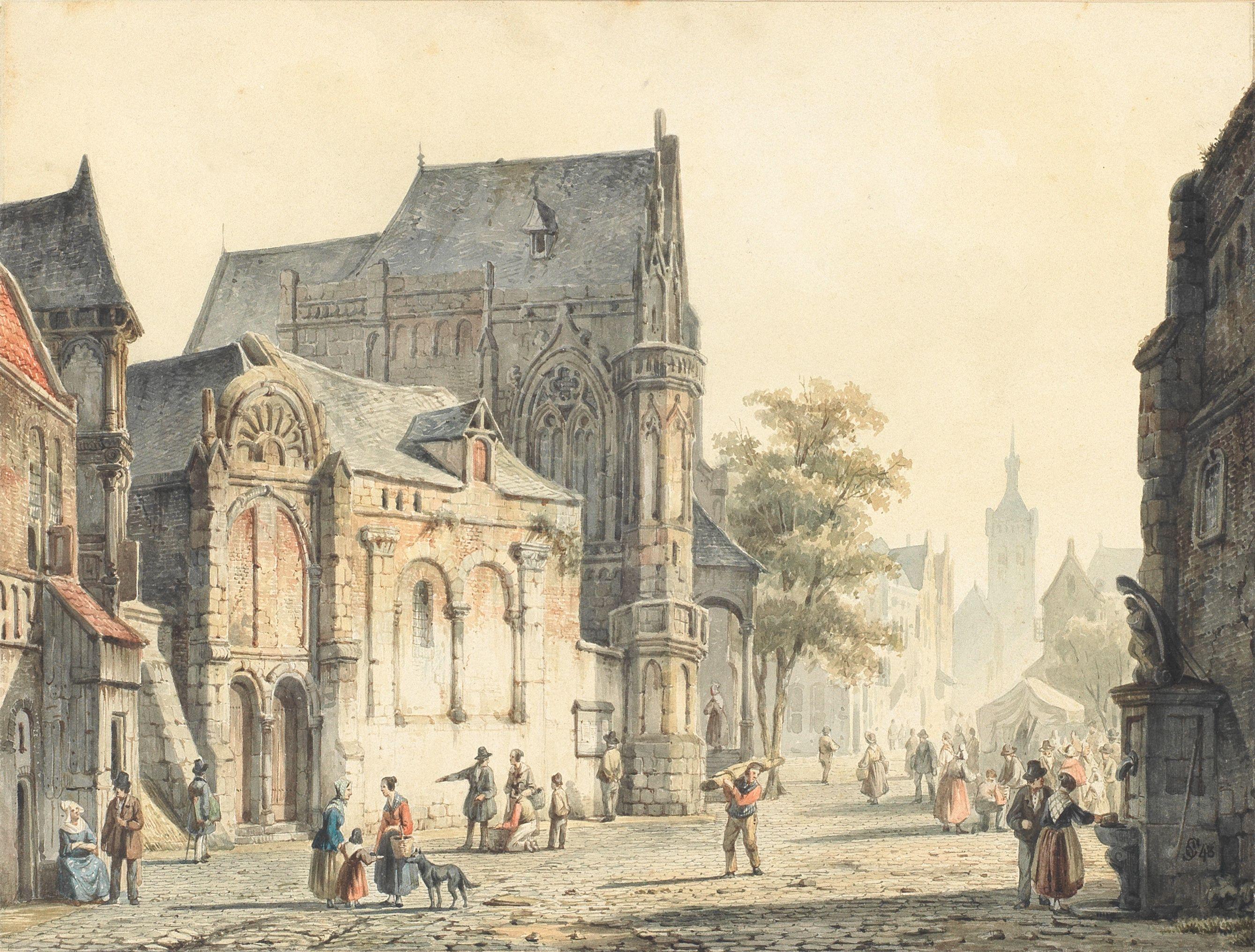 Cornelis Springer - A market place, continental town