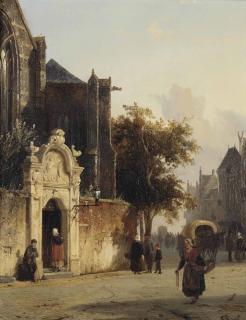 Cornelis Springer - A Sunlit Street With A Church And Numerous Figures