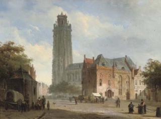 Cornelis Springer - A sunlit townsquare with a cathedral in the distance
