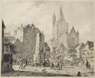 Cornelis Springer - A townsquare with numerous figures