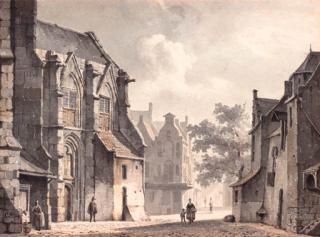 Cornelis Springer - A townview with a mother and child strolling down a churchsquare