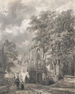 Cornelis Springer - Asperen: a town view with figures by a church