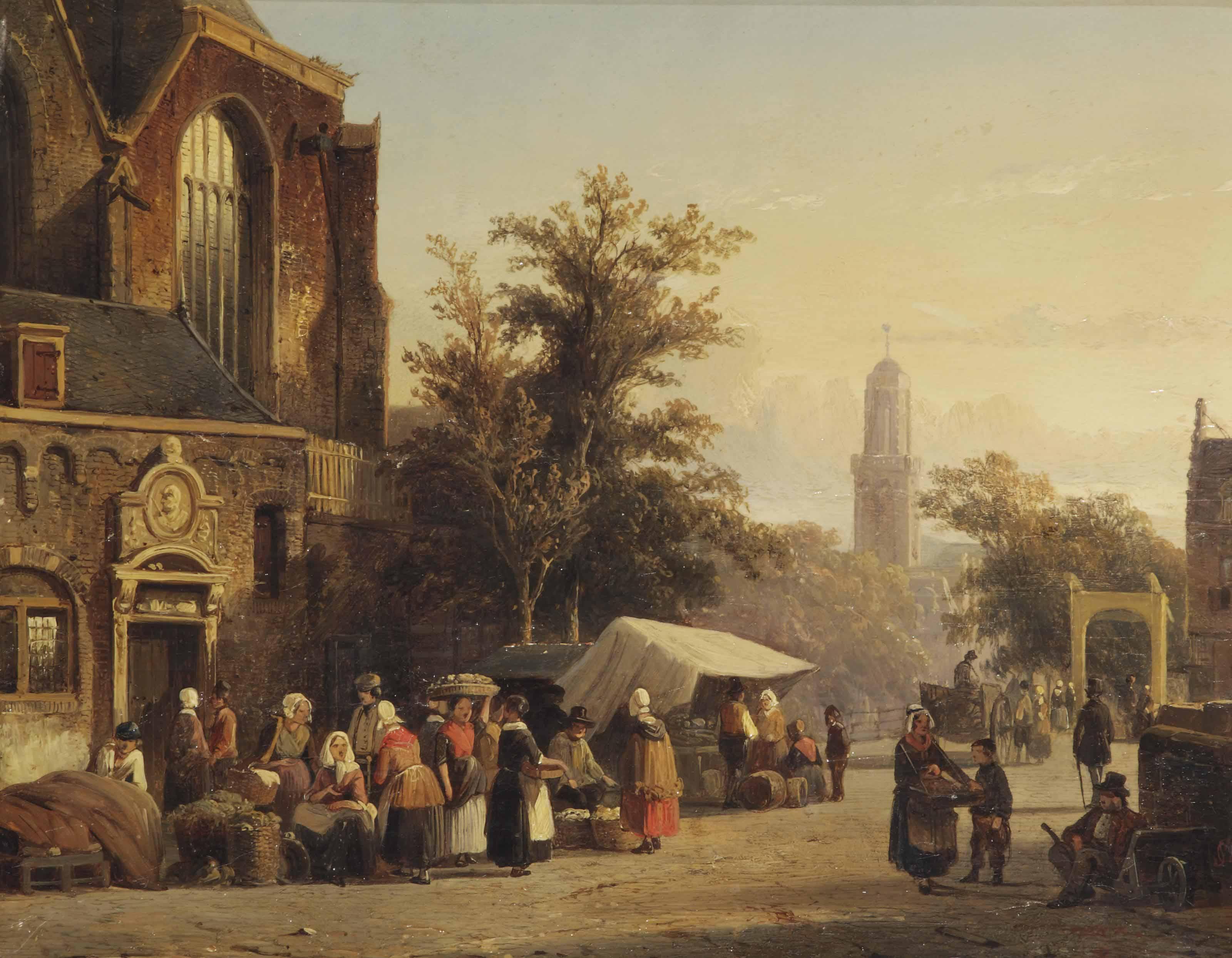 Cornelis Springer - Daily Activities At The Markt In Zwolle With The Onze Lieve Vrouwekerk In The Distance