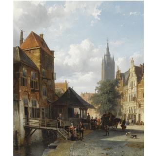 Cornelis Springer - Dutch figures At The Fish Market In Delft
