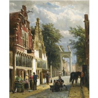 Cornelis Springer - Dutch figures In The Streets Of Alkmaar