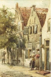 Cornelis Springer - Figures conversing in a street, Monnickendam