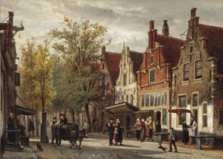Cornelis Springer - Gezicht in de Westerstaat te Enkhuyzen: view of the Westerstraat, Enkhuizen