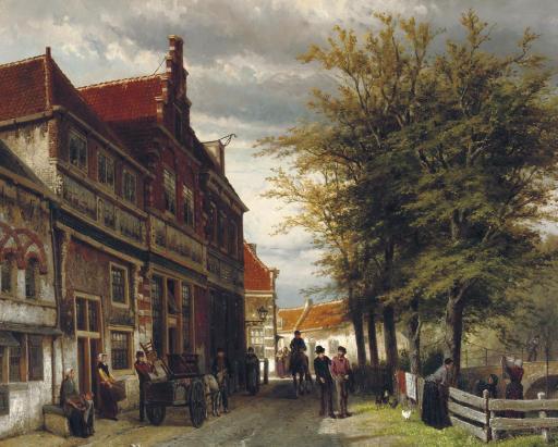 Cornelis Springer - Huizen van Bossu te Hoorn: a busy day at the Slapershaven