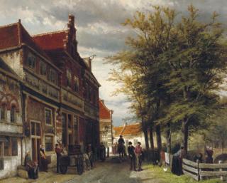 Cornelis Springer - Huizen van Bossu te Hoorn: a busy day at the Slapershaven
