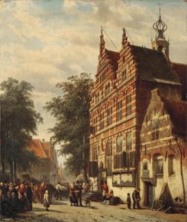 Cornelis Springer - The city hall and market square of Naarden