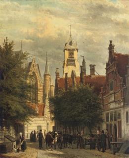 Cornelis Springer - Townspeople and cattle in the Bagijnestraat with the Westerkerk in the background, Enkhuizen