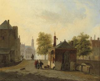 Cornelis Springer - Townspeople in a sunlit Dutch city street