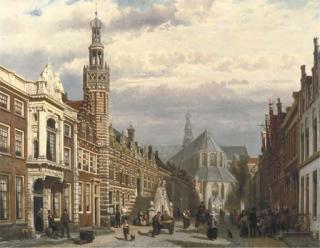 Cornelis Springer - View of the Town Hall and the St. Laurenschurch in Alkmaar
