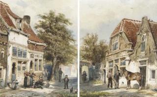 Cornelis Springer - Washerwomen in a village street; and Grooms with a horse
