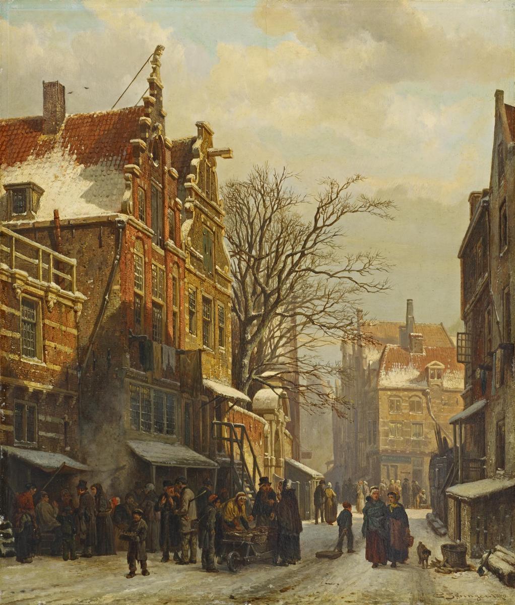 Cornelis Springer - Winterliche Szene im Jüdischen Viertel in Amsterdam.