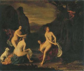 Cornelis Stangerus - A Wooded Landscape With Diana And Her Nymphs Bathing, A Satyr Spying From A Tree
