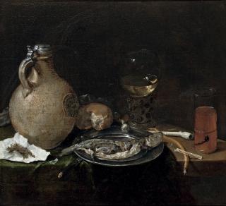 Cornelis Stangerus - An earthenware jug, a bun, a \'Roemer\', sliced herring on a pewter plate and a \'Kometenglas\' on a partially draped table