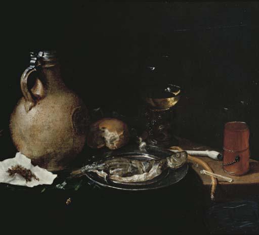 Cornelis Stangerus - An earthenware tankard, tobacco in a piece of paper, a bun, a white clay pipe, a roemer, sliced herring on a pewter plate and a kometenglas on a partly-draped wooden table