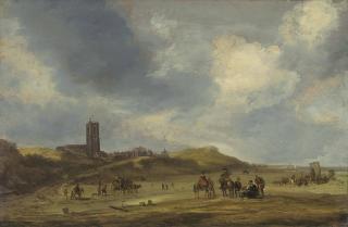 Cornelis Symonsz. Van Der Schalcke - A view of Egmond aan Zee, a horsedrawn carriage, a woman selling fish, and other figures along the beach